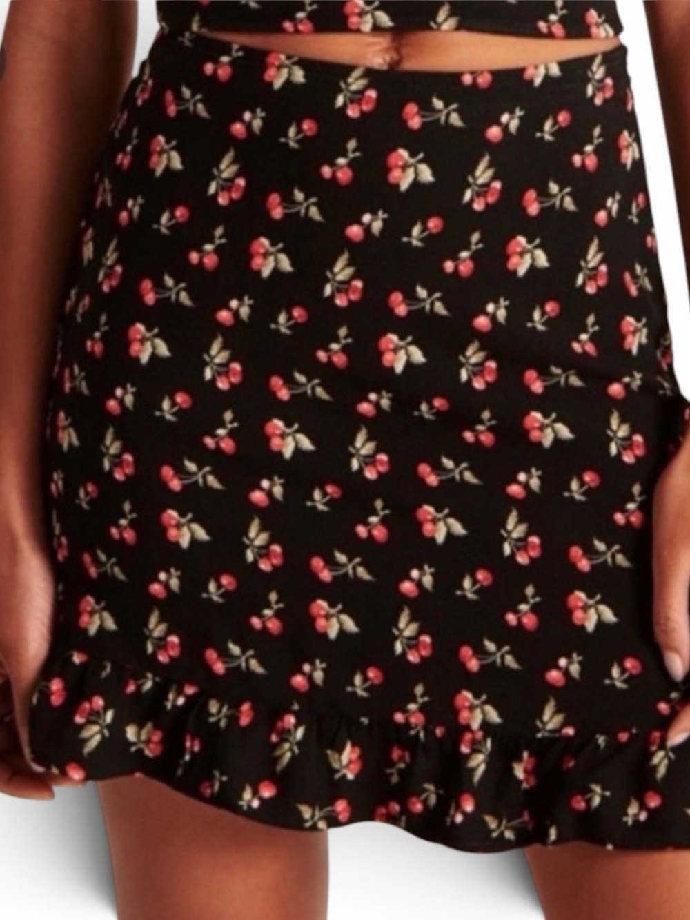 Abercrombie & Fitch Black Mini Skirt with Cherry Print